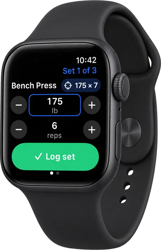 Defiant on Apple Watch: logging a set of bench press, 175 lb for 6 reps, with a target of 175 × 7
