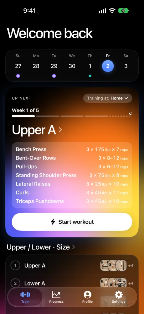 Upper A from your own plan, with a target for every exercise
